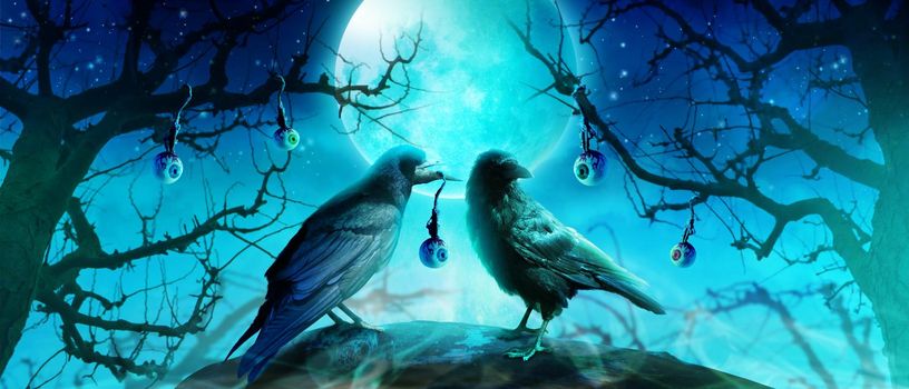 Horror background with scary crow in the darkness