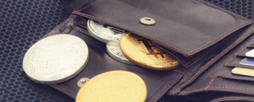 Physical bitcoins. Virtual crypto currency coin. Blockchain technology.