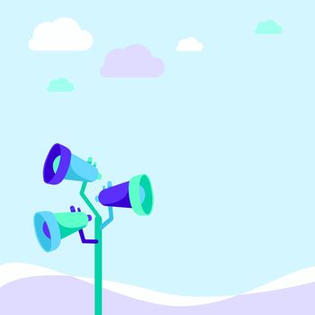 Pole Megaphones Drawing Making New Announcement To An Open Space Under The Clouds. Bullhorn Speakers In A Mast Drawing Producing Late Advertisement At Defoliated Area.