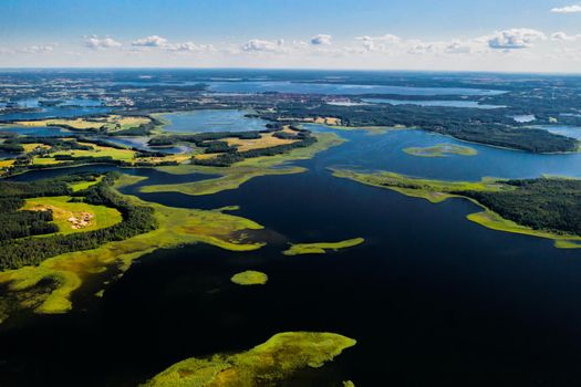 Top view of the Snudy and Strusto lakes in the Braslav lakes National Park, the most beautiful lakes in Belarus.Belarus
