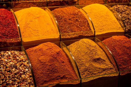 Colorful spices in the Turkish  Grand Spice Bazaar in Istanbul, Turkey