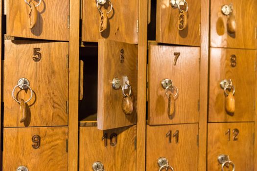 Wooden cells with keys for storing cell phones in Italian restau