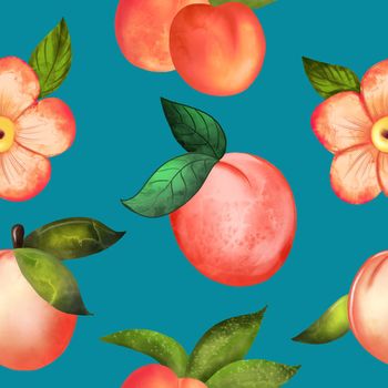 Illustration digital watercolor seamless pattern of peach and flowers on a blue backgrounds