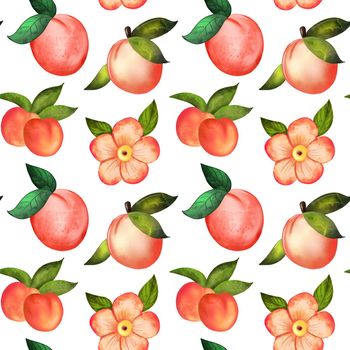 Illustration digital watercolor seamless pattern of peach and flowers on a white backgrounds
