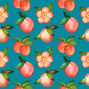 Illustration digital watercolor seamless pattern of peach and flowers on a blue backgrounds