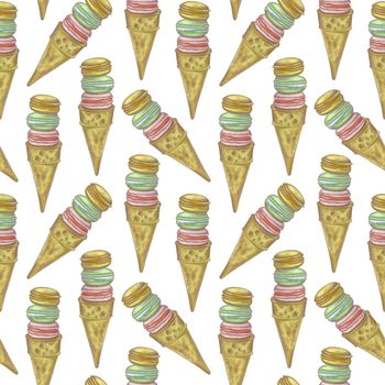 Illustration digital drawing ice cream seamless pattern of different shapes and colors on a white background