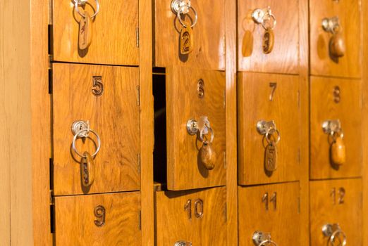 Wooden cells with keys for storing cell phones in Italian restau