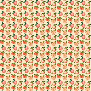 Illustration digital watercolor seamless pattern of peach and flowers on a yellow backgrounds