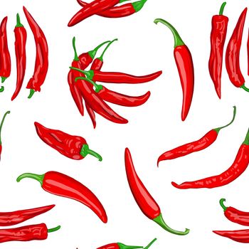 Digital illustration of a seamless pattern of red hot cayenne pepper pods on a white background