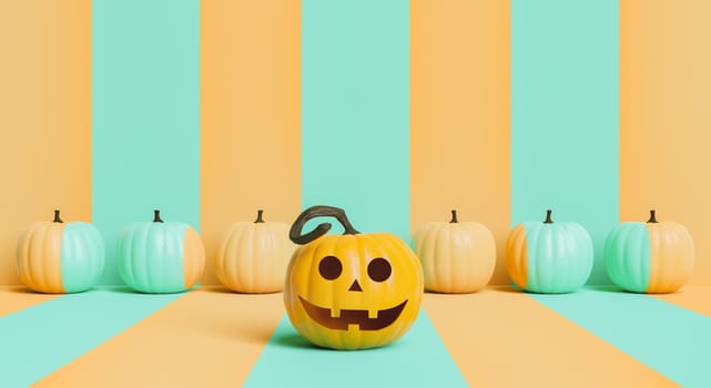 row of striped pumpkins and one with a happy face