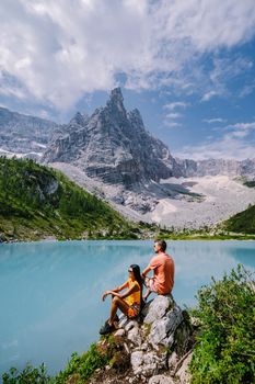 Morning with clear sky on Lago di Sorapis in italian Dolomites,milky blue lake Lago di Sorapis, Lake Sorapis, Dolomites, Italy