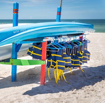 Life jackets and boats on St.Pete beach in Florida