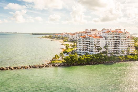 MIAMI, USA - SEPTEMBER 06, 2014 : Aerial drone view of apartments in Fisher Island on September 06, 2014 in Miami.