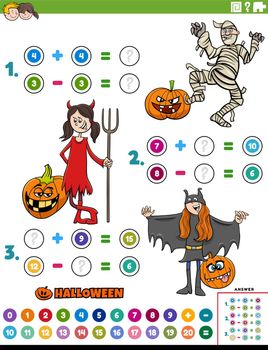 math addition and subtraction task with children on Halloween