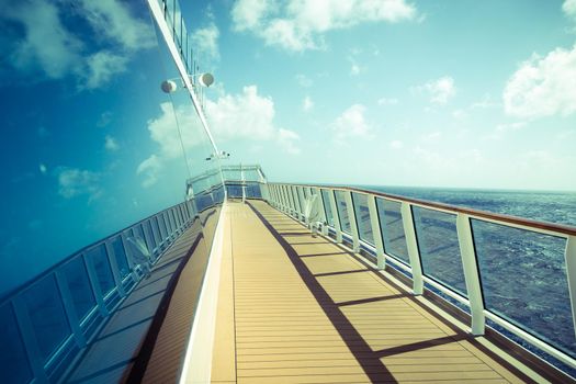 Cruise ship empty open deck with copy space, blue tone