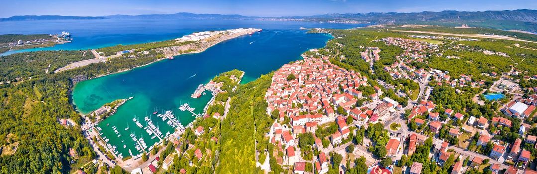 Town of Omisalj bay and LNG terminal aerial panoramic view, Island of Krk, Croatia