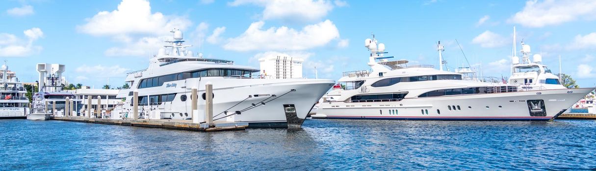 Fort Lauderdale, Florida, USA - September 20, 2019: Panorama of yachts docked in marina in Fort Lauderdale, Florida