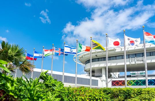 Miami, USA - September 21, 2019 - Miami international airport with flags of different countries