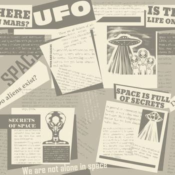 Newspaper print from scraps of articles about aliens.