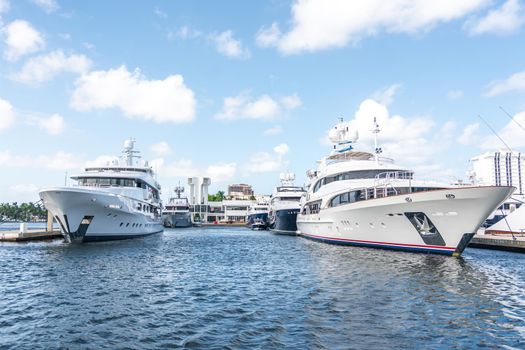 Fort Lauderdale, Florida, USA - September 20, 2019: Luxury yachts docked in marina in Fort Lauderdale, Florida