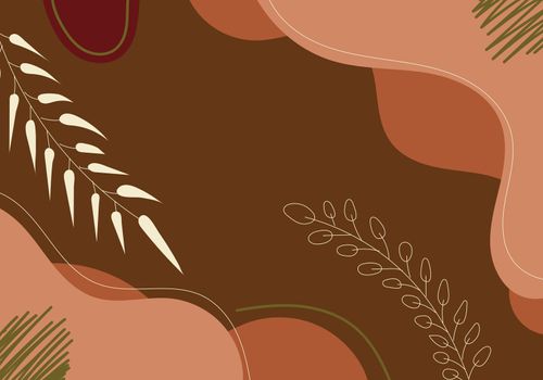 Abstract hand drawn brown organic shape with leaves lines on white background. Vector illustration