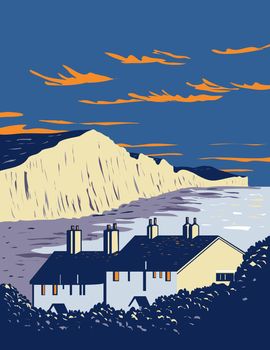 Seven Sisters Chalk Cliffs by English Channel Within South Downs National Park in Southern England UK Art Deco WPA Poster Art