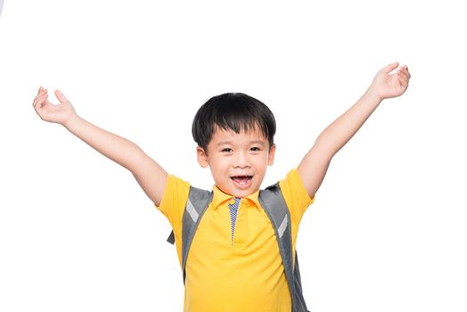 Education Concept.Young asian boy smile gesture hands ready to school