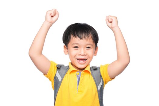 Education Concept.Young asian boy smile gesture hands ready to school