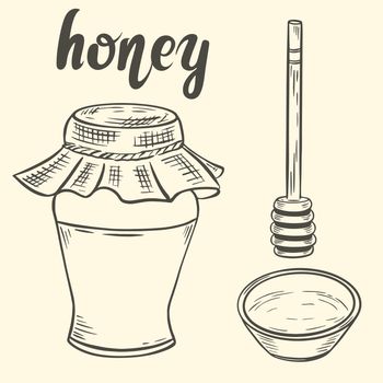 Sketch of honey jar, spoon and bowl vector vintage illustration.