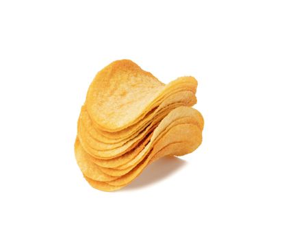 stack of round potato chips with paprika isolated on white background, snack