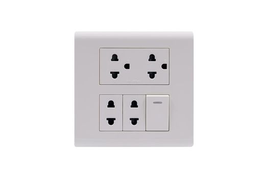 White color wall outlet AC power plug socket with On Off switch isolated on white background.