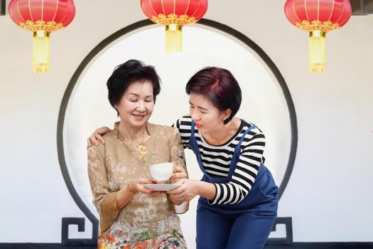 Senior woman drinking tea with her daughter in the traditional gardens of wealthy Chinese nobles.