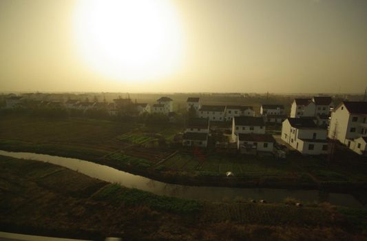 Smog and dust in the air is a pollution problem in the countryside morning