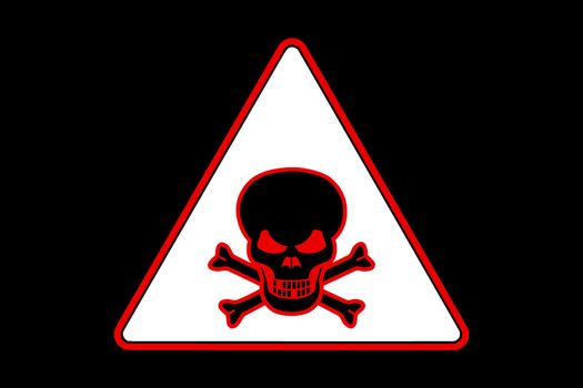 Deadly danger triangle sign with skull on black background