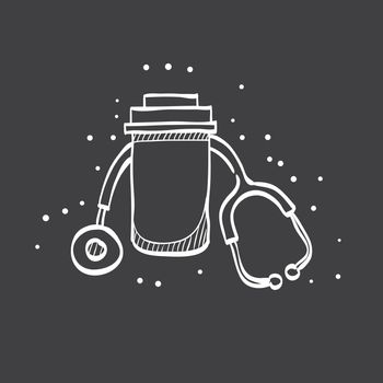 Sketch icon in black - Pills bottle stethoscope
