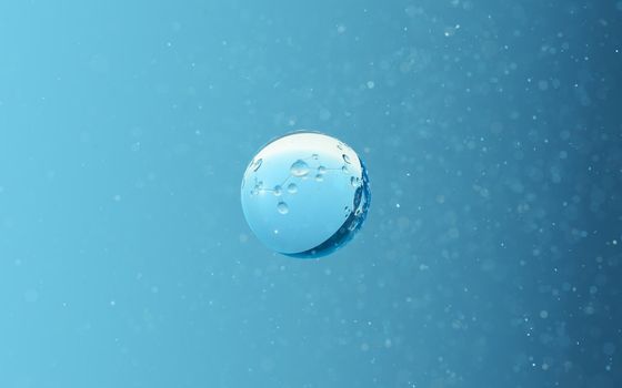Water droplets and molecular structure, 3d rendering.