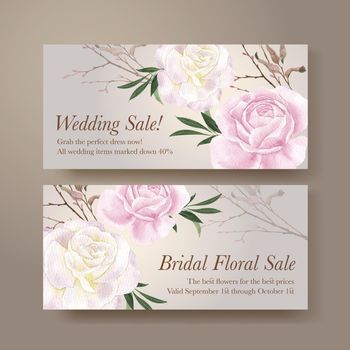 Voucher template with lilac violet wedding concept,watercolor style