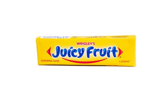 Tyumen, Russia-May 25, 2021: Wrigleys Juicy Fruit chewing gum isolated on white background. Produced by Wrigley Company