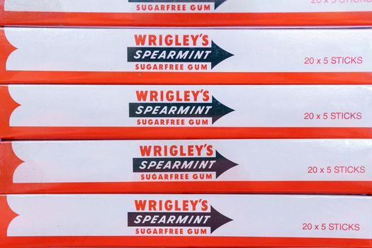 Tyumen, Russia-June 08, 2021: Spearmint chewing gum made by Wrigley. Buying in a hypermarket