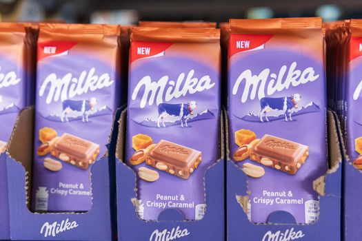 Tyumen, Russia-june 08, 2021: Milka is a Swiss brand of chocolate confection manufactured internationally by company Mondelez International