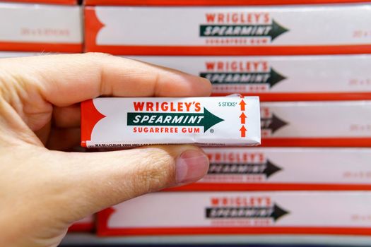 Tyumen, Russia-June 08, 2021: Spearmint chewing gum made by Wrigley close-up.