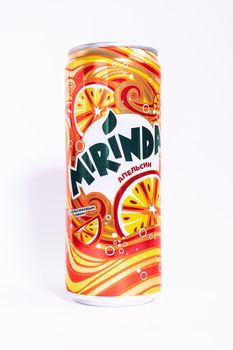 Tyumen, Russia-May 25, 2021: Mirinda can isolated on a white background