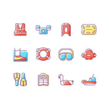 Pool floats and water safety equipment RGB color icons set