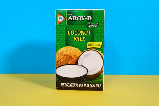 Tyumen, Russia - April 14, 2021: Aroy-D brand coconut milk that manufactured by Thai Agri Food Public Company Limited