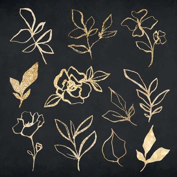 Gold flower hand drawn illustration vector set, remixed from vintage public domain images