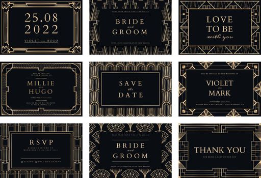 Wedding invitation vector set template for social media banner with art deco patterns