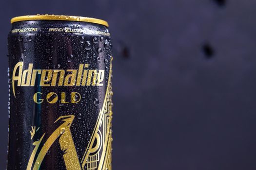 Tyumen, Russia-May 25, 2021: Energy drink Adrenaline rush gold. Brand Adrenaline Rush is a company PepsiCo.
