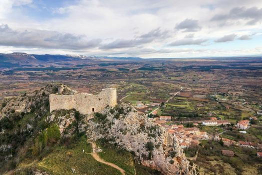Aerial view of Poza de la Sal castle and village in Burgos, Castile and Leon, Spain .