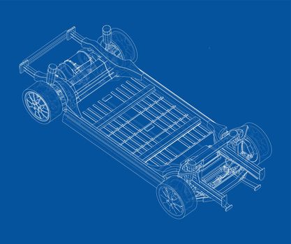 Electric Car Chassis with battery. Vector rendering of 3d. Wire-frame style. The layers of visible and invisible lines are separated. Orthography or isometric