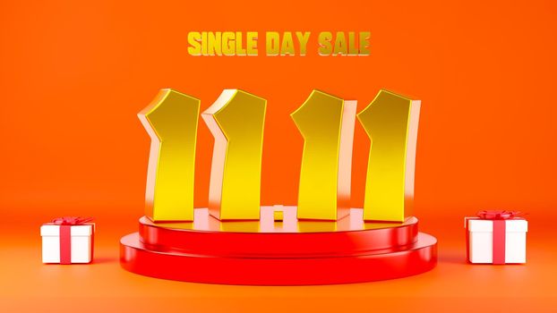 11.11 Single day sale. Banner 11 number on podium scene with gift box on red background